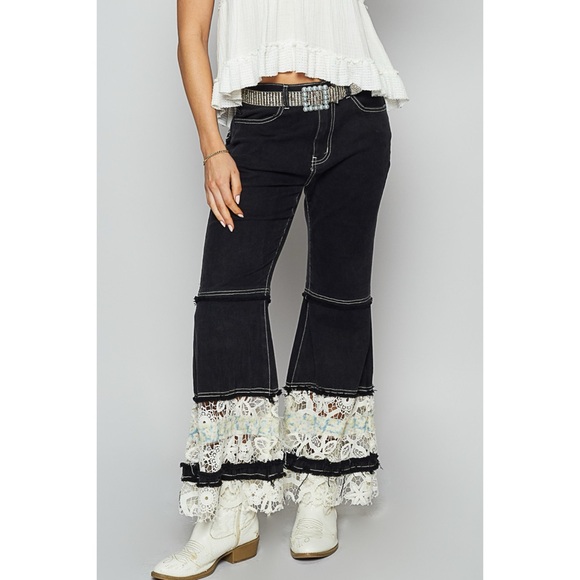 POL Black Crochet Lace Patch Denim Flare JeansPatchwork Jeans